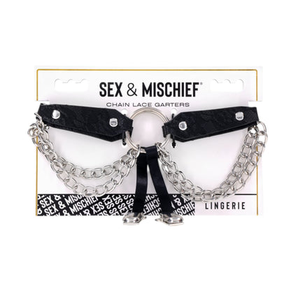 Sex & Mischief Chain Lace Garters - Black Faux Leather