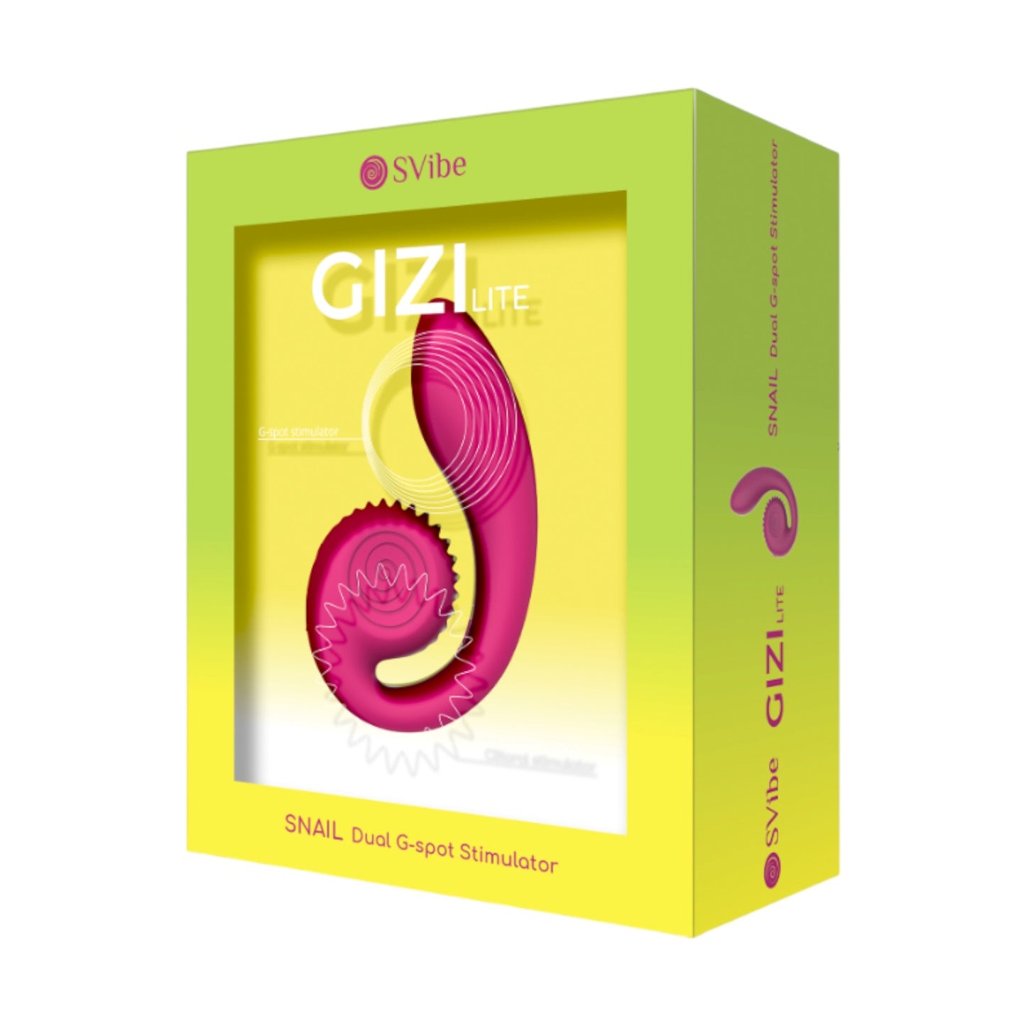 Caja del vibrador SVibe Snail GIZI Lite de PlayLoveToys en color rosa dragonfruit con diseño ergonómico de silicona