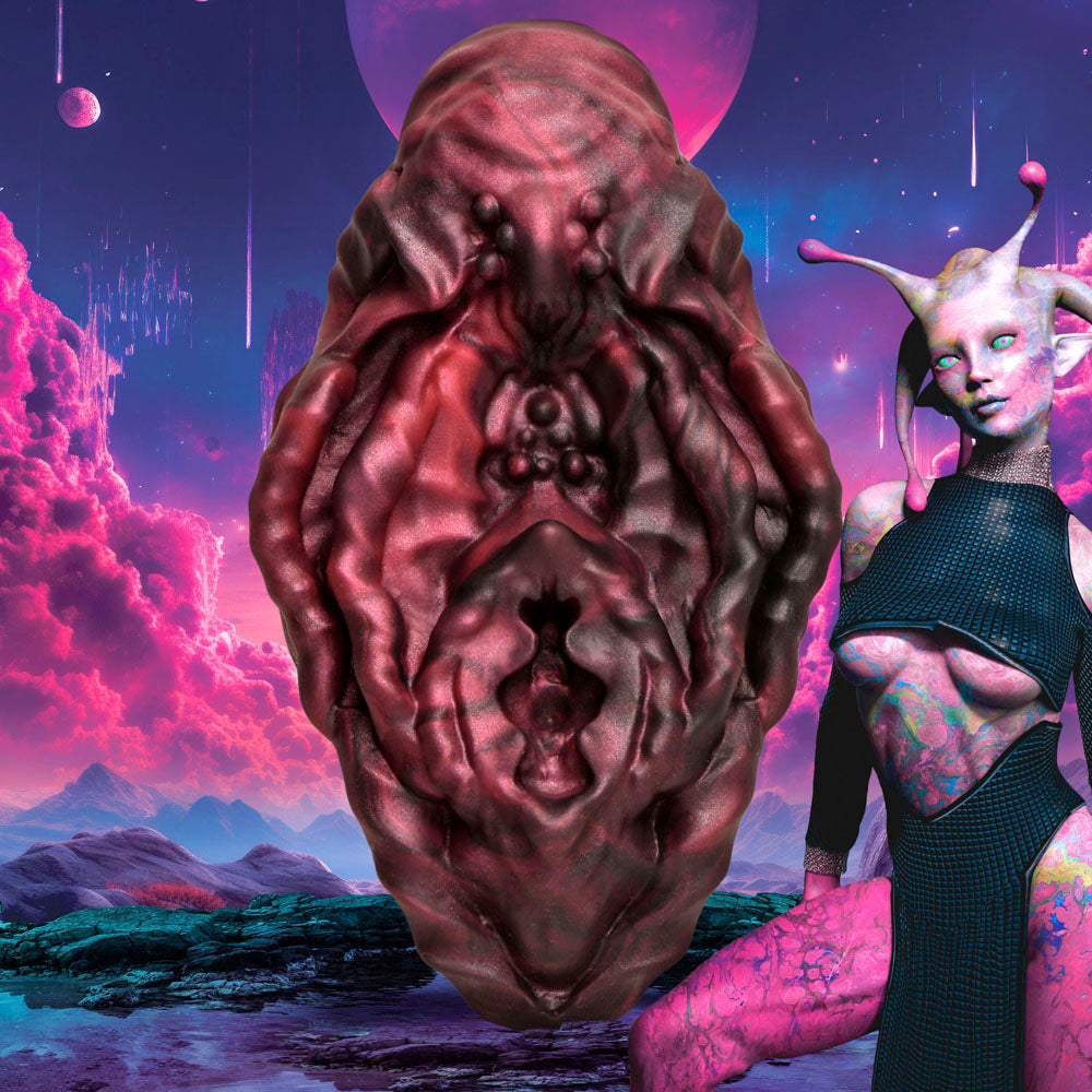 Alien-like creature with a large, textured body against a futuristic landscape with pink clouds and alien figure Creature Cocks Xeno Pussy - Silicone Vulva Grinder
