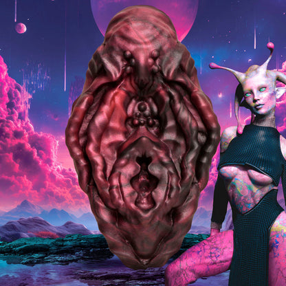 Alien-like creature with a large, textured body against a futuristic landscape with pink clouds and alien figure Creature Cocks Xeno Pussy - Silicone Vulva Grinder