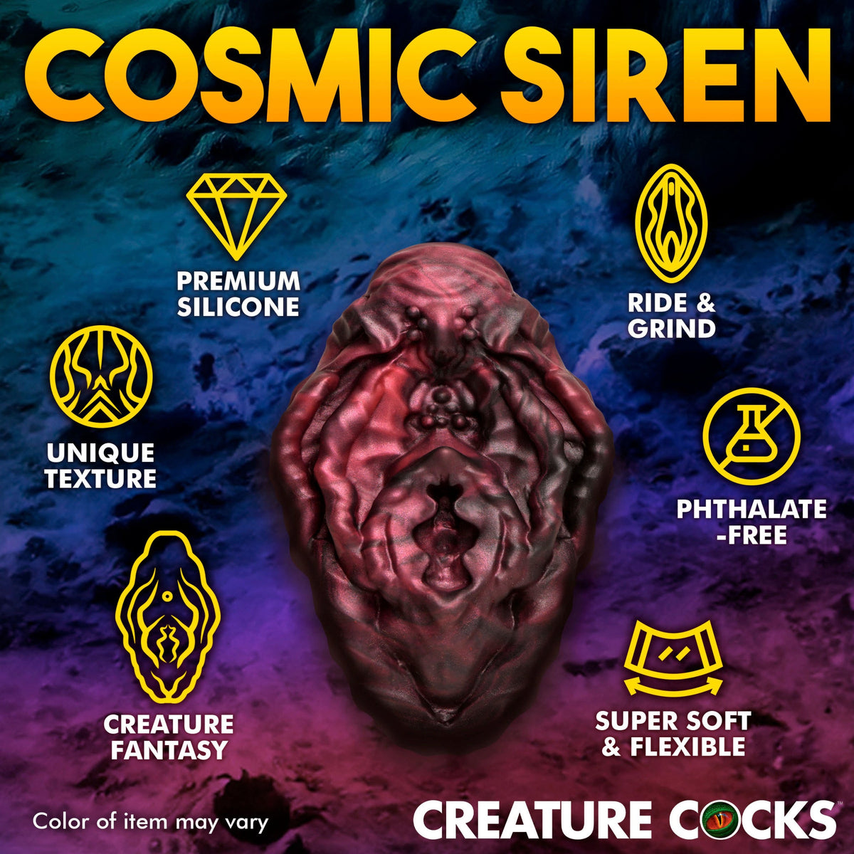 Product advertisement for 'Creature Cocks Xeno Pussy - Silicone Vulva Grinder' with features highlighted on a dark background.