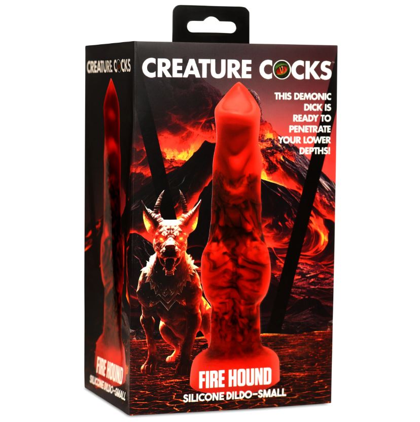 Box of 'Creature Cocks Fire Hound - Knotted Fantasy Silicone Dildo' silicone dildo with creature design and fiery background