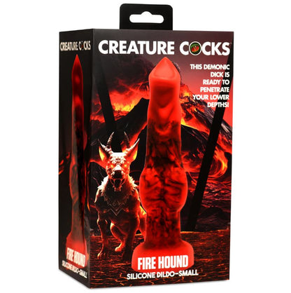 Box of 'Creature Cocks Fire Hound - Knotted Fantasy Silicone Dildo' silicone dildo with creature design and fiery background