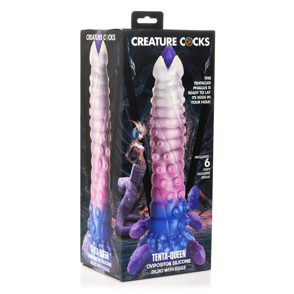 Package of a silicone dildo with tentacle design, branded 'Creature Cocks Tenta-Queen - Ovipositor Dildo with Eggs'.