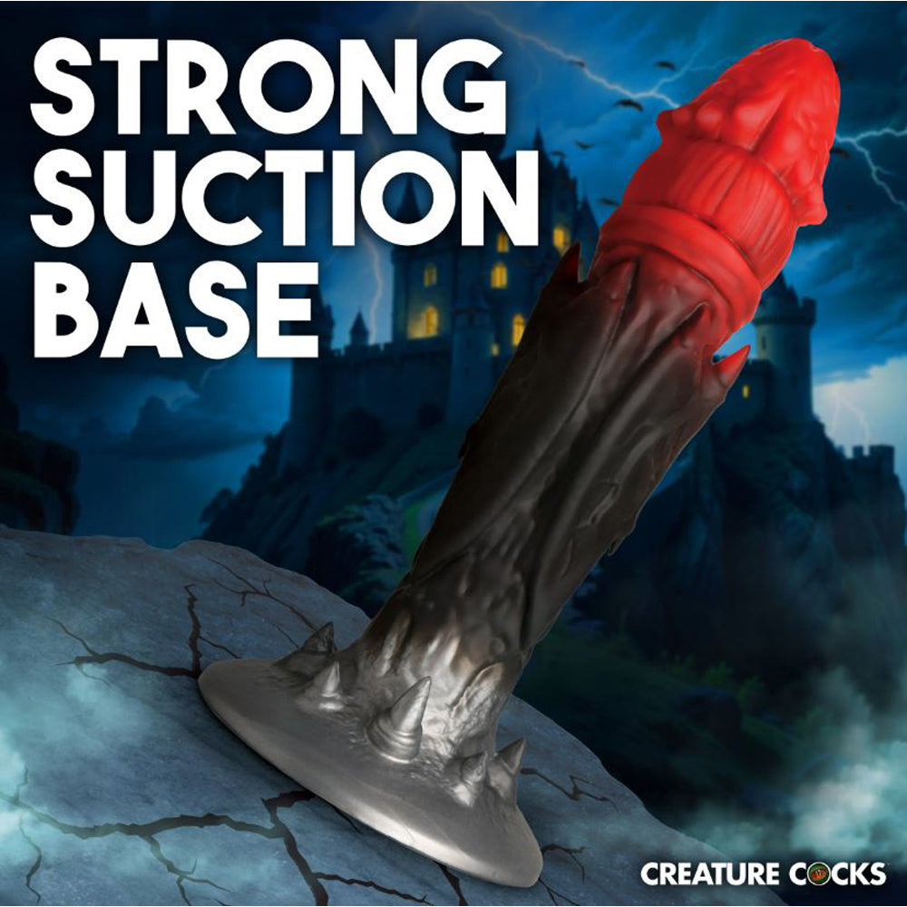 Creature Cocks Count Cockula - Dracula Fantasy Silicone Dildo with red suction cup and gray base against a dark, castle-like background with text 'STRONG SUCTION BASE' and 'CREATURE COCKS'.