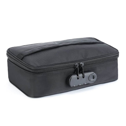 Black travel case with a zipper on a white background