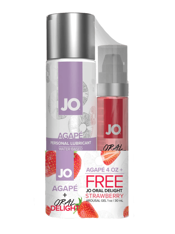 JO Lubricants - JO Agape 4oz + GWP JO Oral Delight Strawberry Arousal Gel 1oz - PlayLoveToys