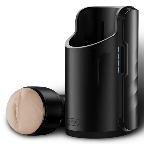 Black electronic device with a beige component on a white background