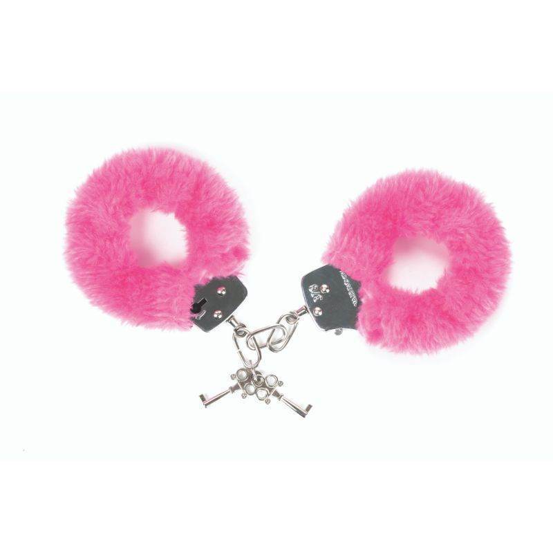 Pink fluffy handcuffs with key-shaped locks on a white background
