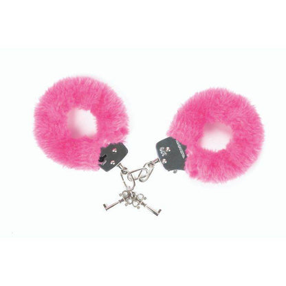 Pink fluffy handcuffs with key-shaped locks on a white background