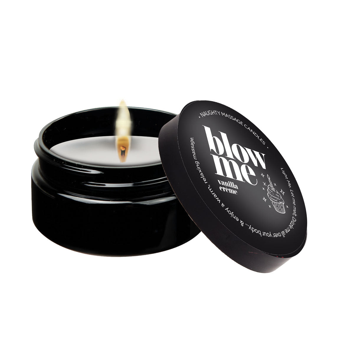 Black candle in a jar with 'blow me' branding on a white background PlayLoveToys