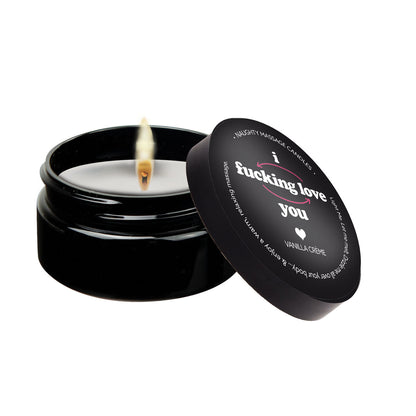 Candle in a black container with a humorous label on a white background PlayLoveToys