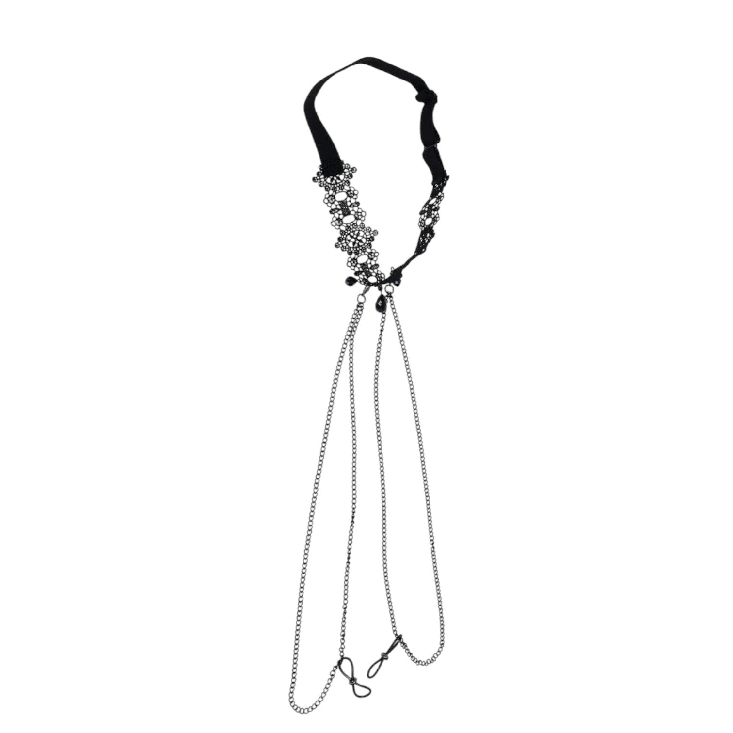 Collar de encaje negro Sex & Mischief con gemas brillantes y cadenas colgantes ajustables para pezones