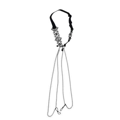 Collar de encaje negro Sex & Mischief con gemas brillantes y cadenas colgantes ajustables para pezones
