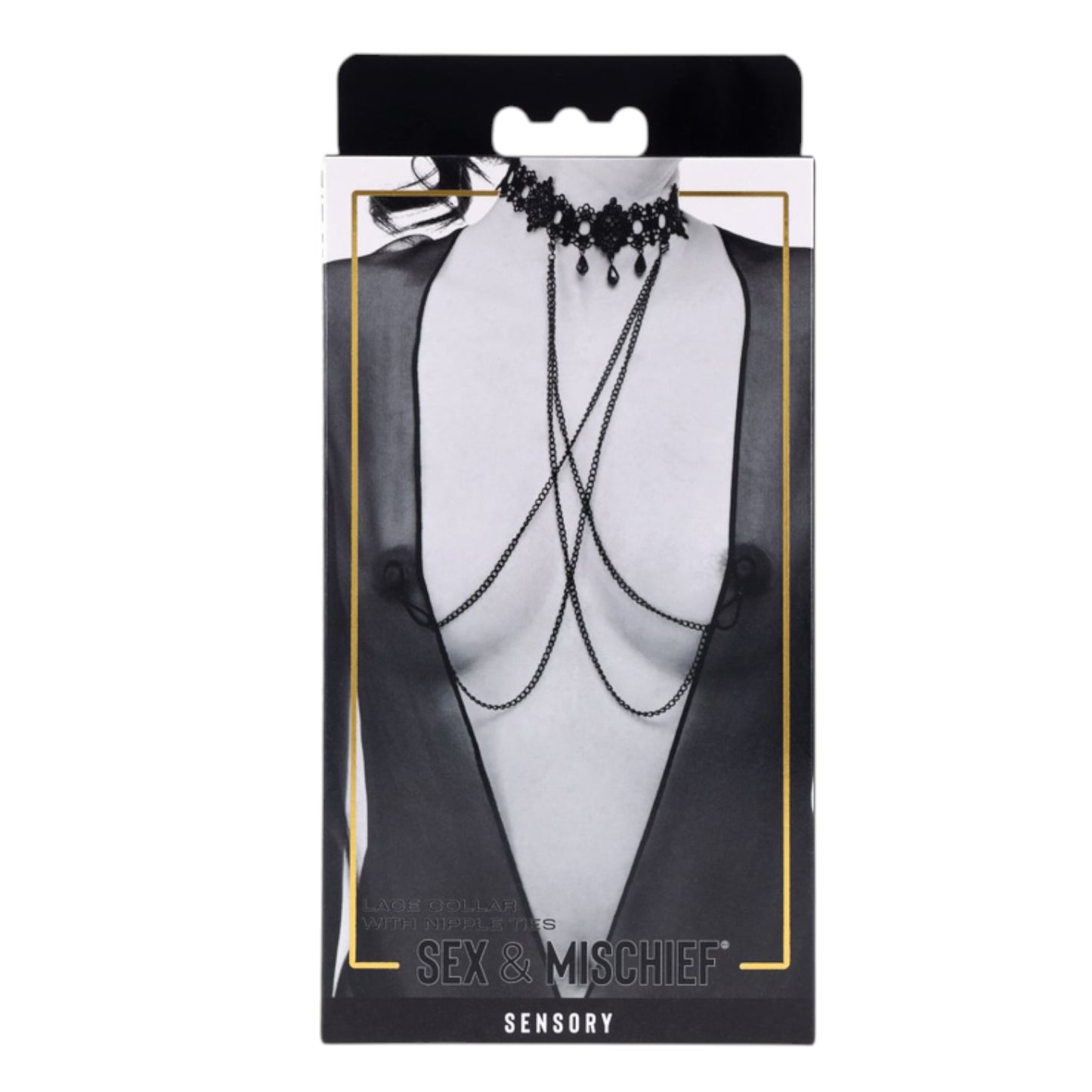 Collar de encaje negro Sex & Mischief con cadenas colgantes y pinzas para pezones en caja de presentación
