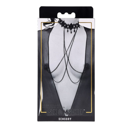 Collar de encaje negro Sex & Mischief con cadenas colgantes y pinzas para pezones en caja de presentación