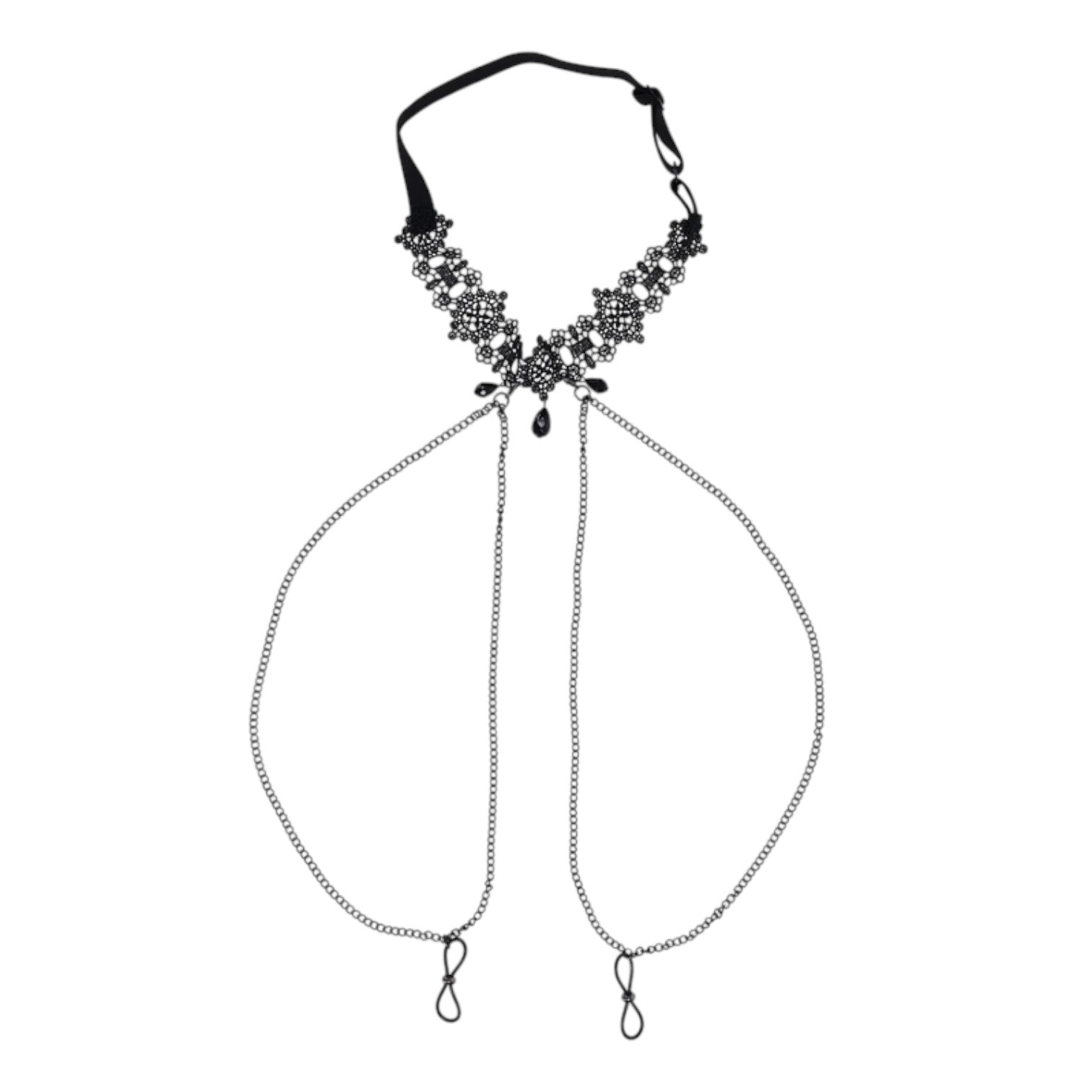 Collar de encaje negro PlayLoveToys con gemas brillantes y cadenas colgantes conectadas a ajustadores de pezones