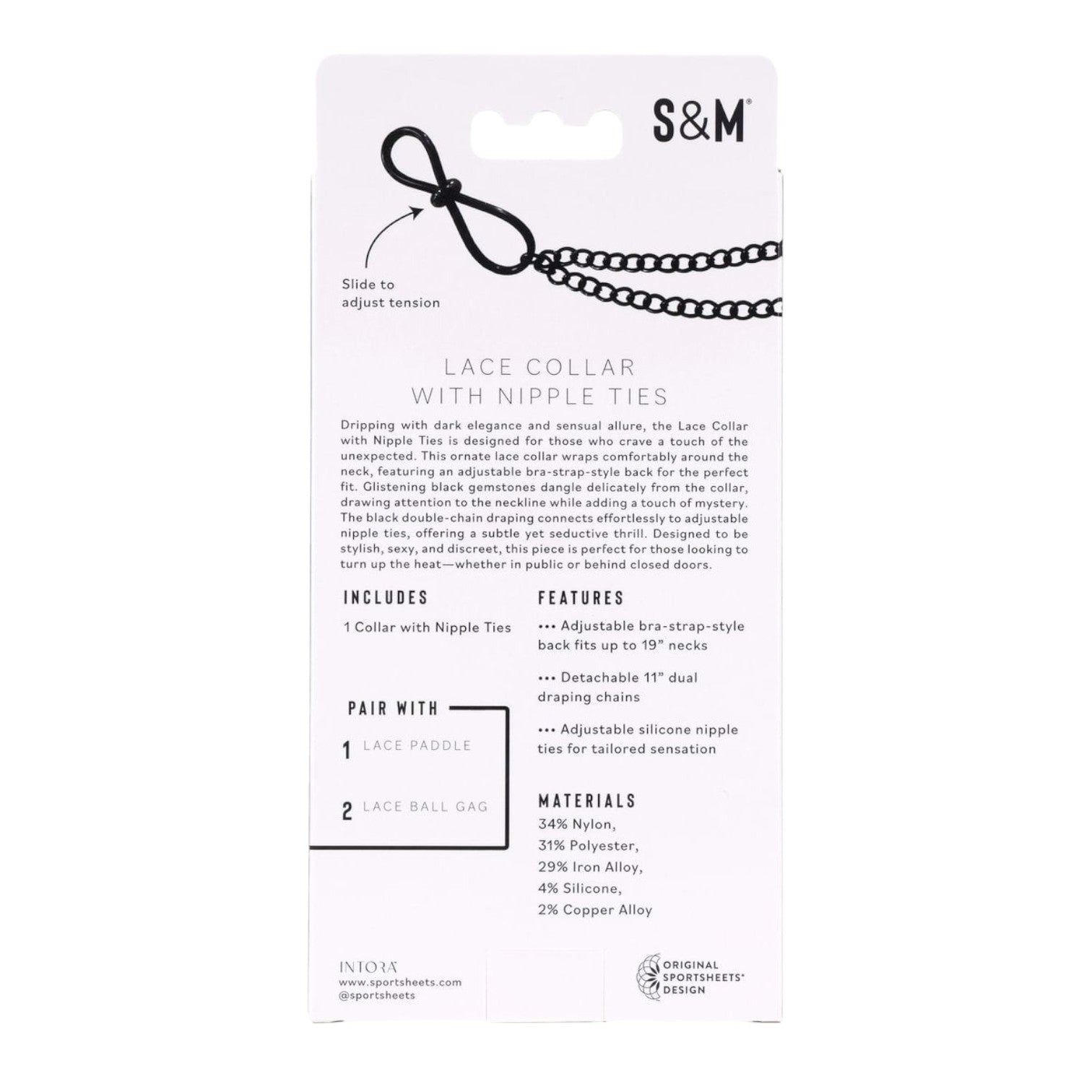 Embalaje de collar de encaje con pinzas para pezones Sex & Mischief en color negro con detalles de cadenas