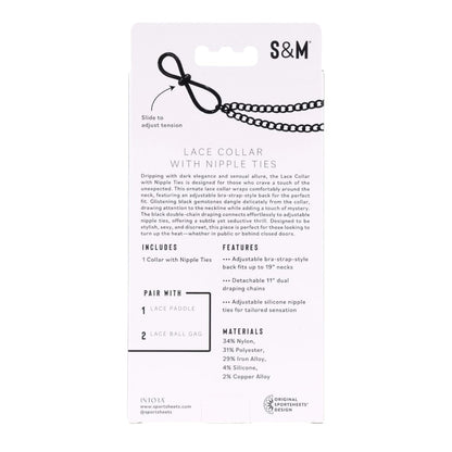 Embalaje de collar de encaje con pinzas para pezones Sex & Mischief en color negro con detalles de cadenas
