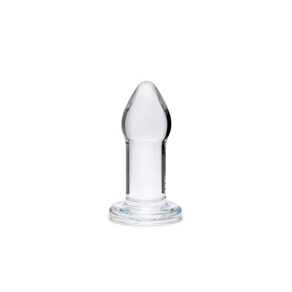 Dilatador anal de vidrio borosilicato transparente de PlayLoveToys, diseño suave y seguro para entrenamiento progresivo.