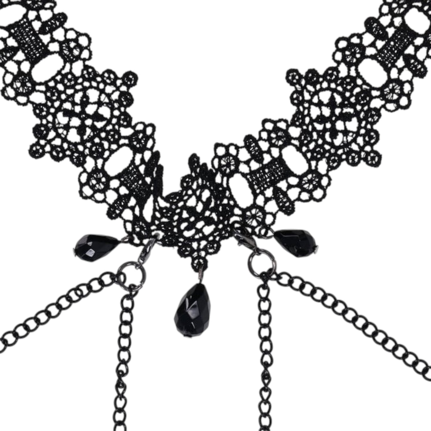 Gargantilla de encaje negro PlayLoveToys con gemas colgantes y cadenas decorativas para un estilo elegante y sensual