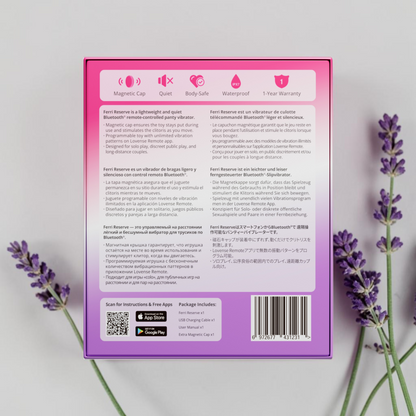 Parte trasera de la caja del vibrador Lovense Ferri Reserve de PlayLoveToys con especificaciones en varios idiomas.