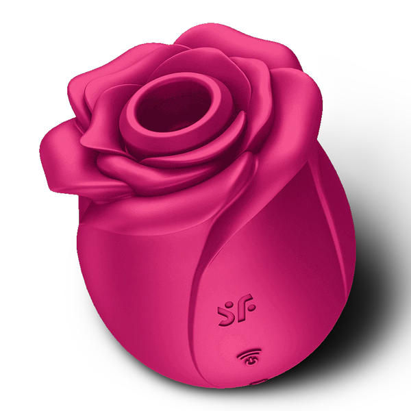 Pink rose-shaped object with a brand logo on a white background
